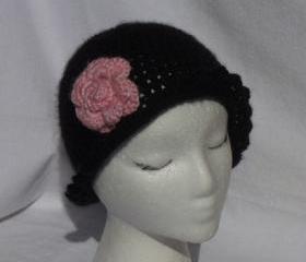 Women's Black ruffle cloche with pink rose
