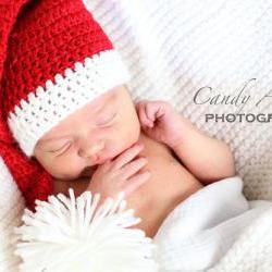 Santa's Little Elf hat and pompom bootie set, stocking hat, newborn or 3-6 months