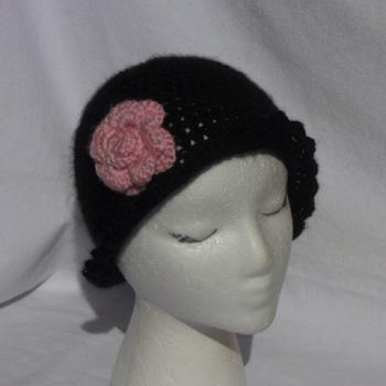 Women's Black ruffle cloche with pink rose